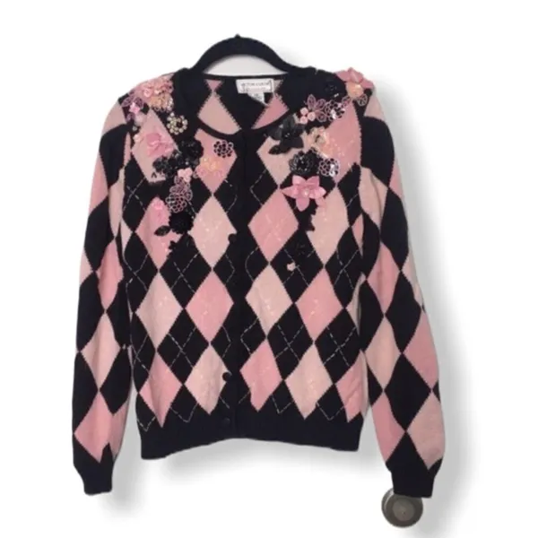 Victor Costa Embellished Argyle Cardigan Women’s XS Pink Black Occasion Knit Swe - Image 3