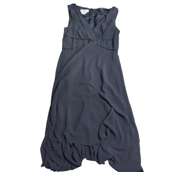 Morgan & Co Black Beaded High Low Ruffle‎ Hem Formal Dress Y2K Vintage Womens 14 - Image 2