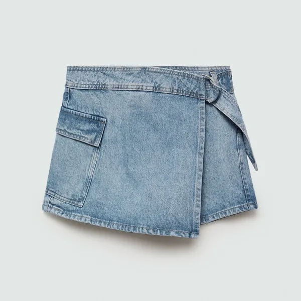 MNG Mango Cotton Denim Belted Cargo Mini Skort Skirt Women’s Size Medium - Image 3
