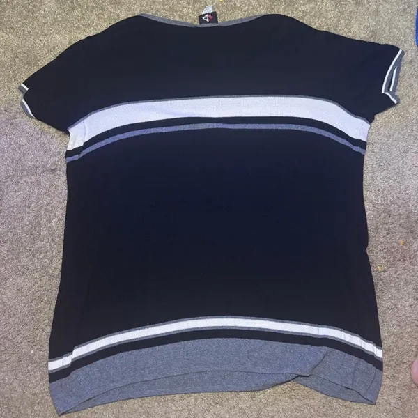 FLAWED Vintage No Boundaries Black Striped‎ Short Sleeve Knit Sweater Top Y2K XL - Image 4