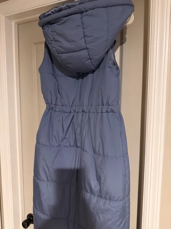 Dusty blue full length puffy vest with hood - Image 4
