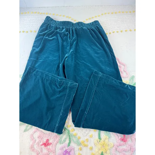 Wynne Collection Teal Blue Velvet Wide Leg Pants XL Elastic Waist Flowy‎ Elegant - Image 3