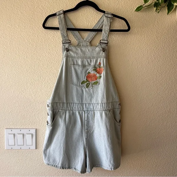POL Light Wash Denim Short Overalls with Rose Embroidery - Image 2