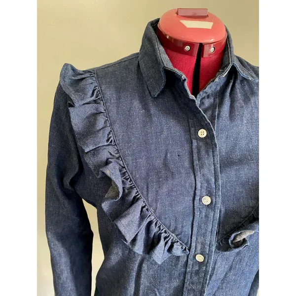 Lee Chambray button down ruffle front dark wash 1980s western - Image 2