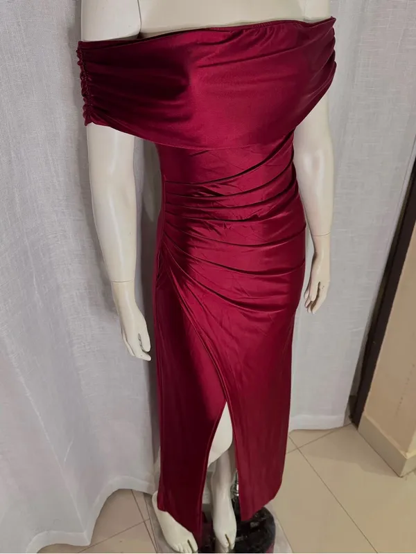 Off Shoulder Satin Maxi Dress Burgundy Pleated Ruched Front Slit Gown S - Image 6