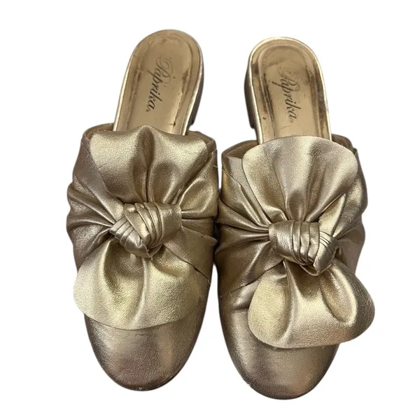 Paprika Bow Mule Ruched Slip-On Gold 7.5 - Image 2