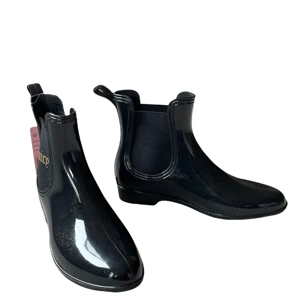 NWT Juicy Couture Black Sparkle Rain Chelsea Logo Boots SZ-9 - Image 5