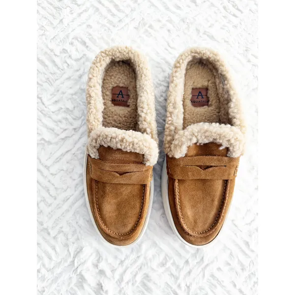 Aquatalia Amata Shearling Platform Loafer Mules in Camel Cozycore Minimalist - Image 3