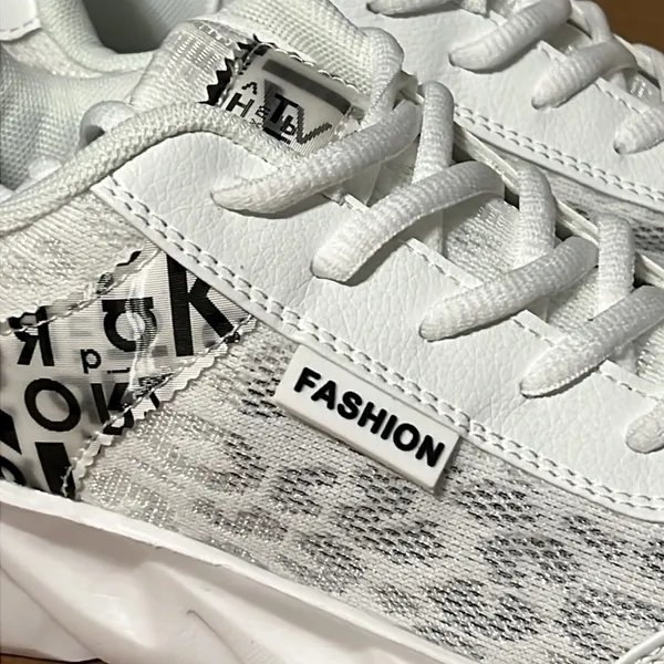 FASHION women’s casual walking shoes black white mesh layer over animal print - Image 4