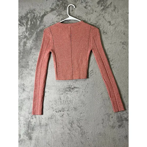 Monrow Coral Cream Ribbed Cotton Cropped Long Sleeve Sweater Top Size XS New - Image 3