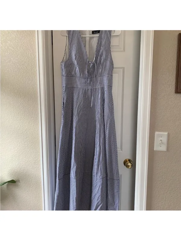 NWT KOURT Blue Stripe Coralie Cotton Dress size 6 blue white stripe midi tie - Image 6