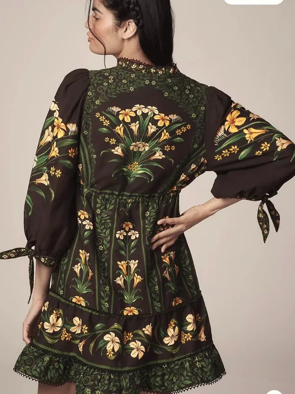 Farm Rio Flowers Arch Linen Blend Mini Long Sleeve Dress Size XSmall - Image 2