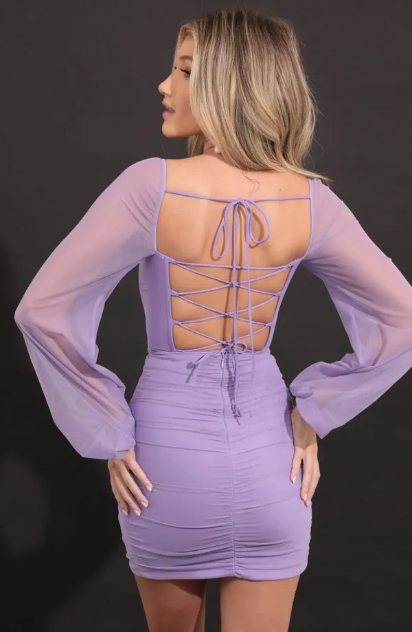 Lucy in the Sky Power Mesh Long Sleeve Dress in Purple - Image 2
