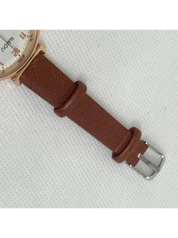 Women’s quartz analog watch gold tone 34mm round case brown leather band running - Image 3