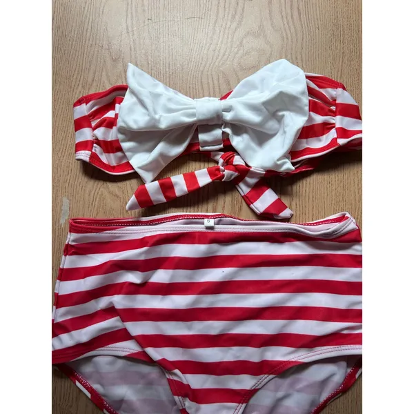 B45 New Womens AMI 2Pc Red White Striped Bikini Set High Waisted Small Waist 24" - Image 2