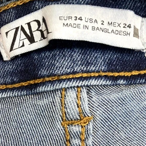 ZARA Flared High Rise Straight Leg Raw Hem Broken In Jean Zip 2 Dark Blue Wash - Image 8