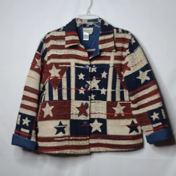Coldwater Creek Vintage Tapestry patriotic american flag stripes stars jacket M - Image 2
