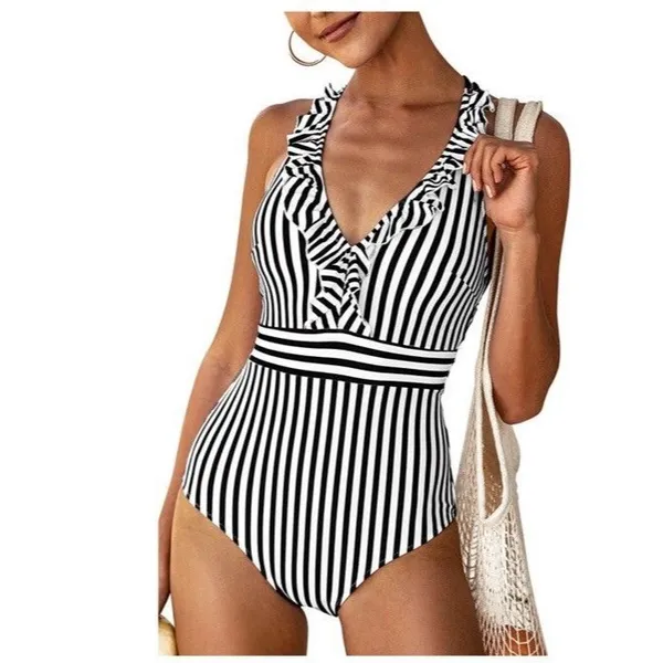 CUPSHE Women's V Neck One Piece M Swimsuit Ruffled Back Cross Swimwear Black NWT - Image 5