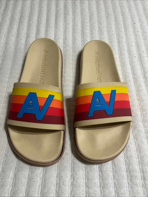 Aviator Nation Beige Slide Sandals with Rainbow Stripes and Blue Logo - Image 3