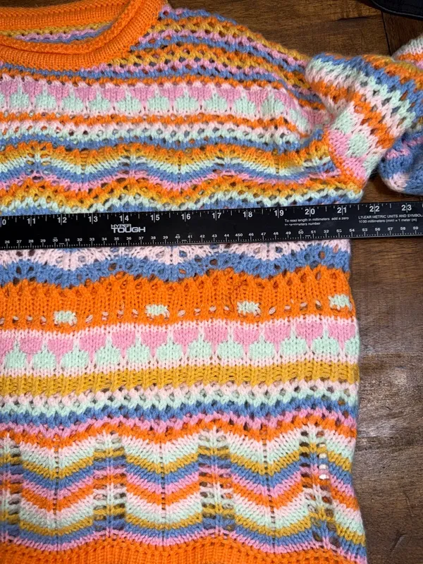 Multicolor‎ Open-Knit Crewneck Sweater in Orange Accent - Image 4