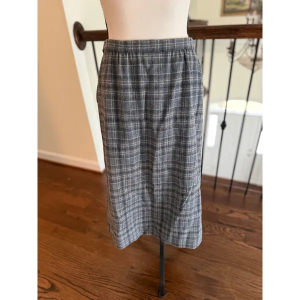 Vintage Pendleton Gray Blue & White Plaid Wool Midi Skirt Preppy Twee - Image 4