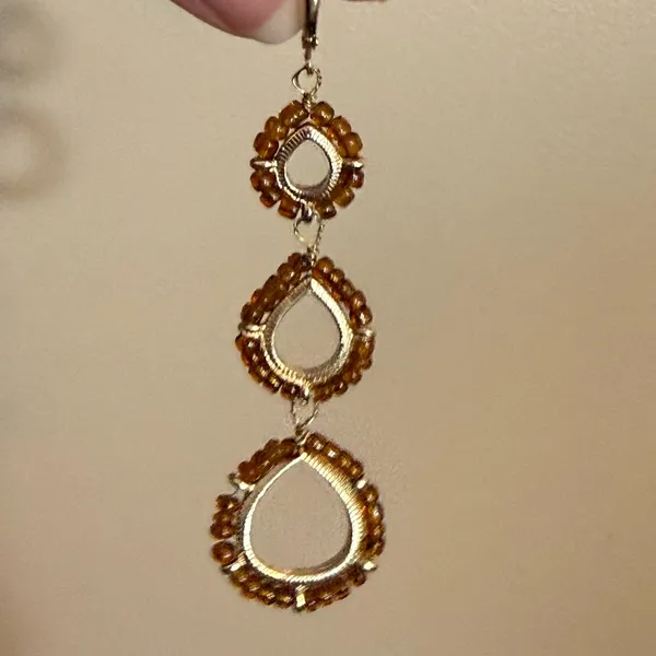 Gold Tone Amber Color Seed Beads 3 Tiered Dangle Earrings Artsy Boho Festival - Image 8