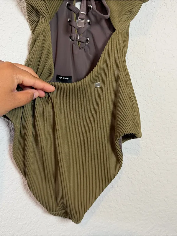 Dolce Vita Olive Green Ribbed Lace-Up One-Piece Swimsuit - Image 3