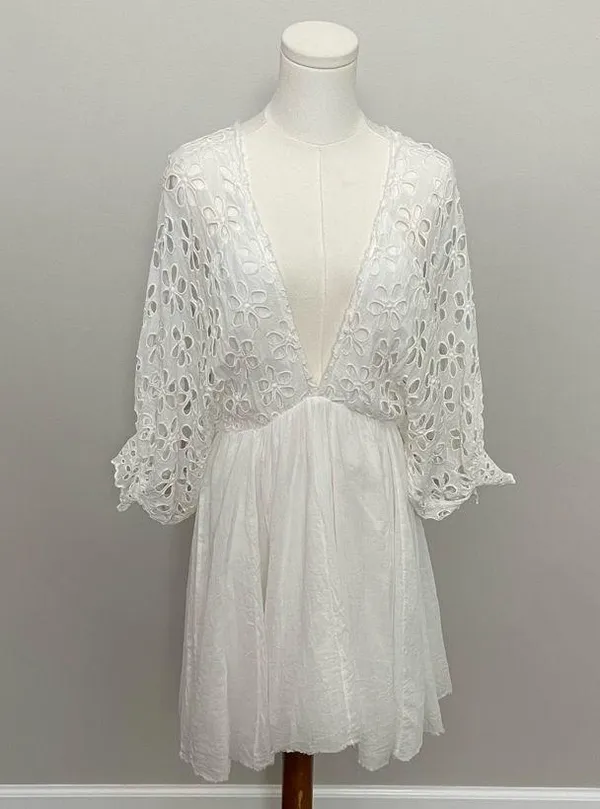 Free People One Dress Bella Note Eyelet Flower Babydoll Whimsical Boho White - Image 5