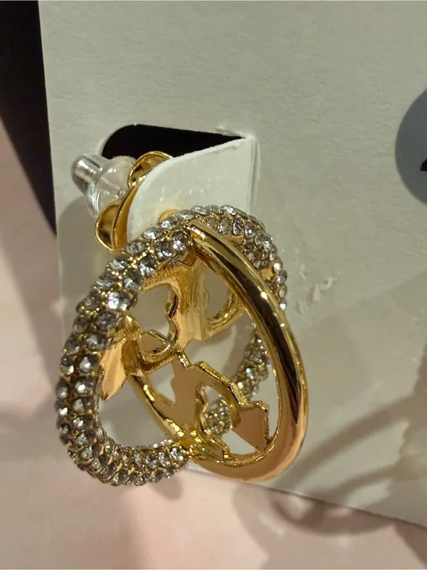 Tory Burch | Gold Plated Logo & Crystal Drop Earrings| Sm/Med - Image 2
