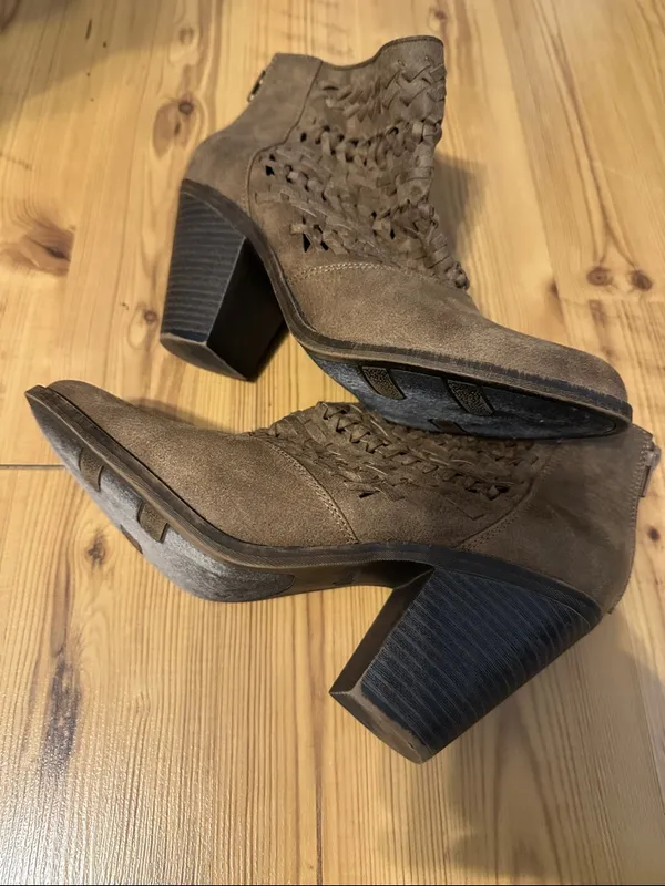 Woven Suede Brown Ankle Booties with Block Heel Size 10 - Image 3