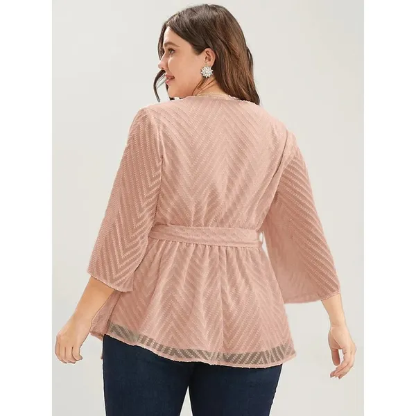 Bloomchic Geometric Mesh Surplice Neck Belted Ruffles Blouse Sheer Pink 12 - Image 3