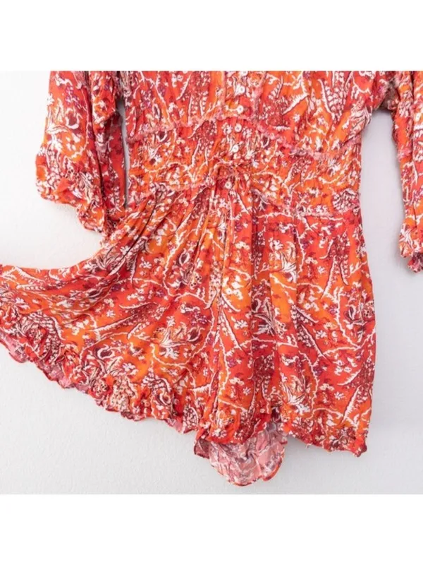 IRO Rhodey Frayed Ruffle Trim Crepe Playsuit 44 Red Romper Floral 12 Loose Fit - Image 10