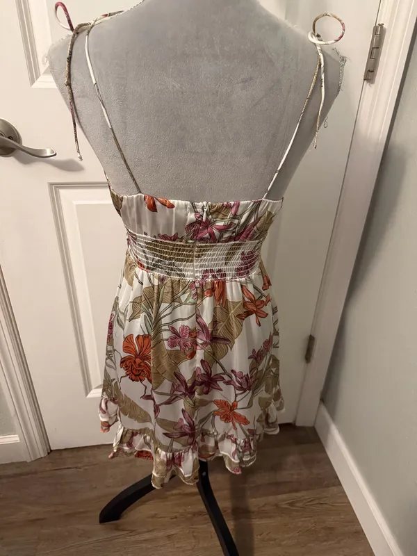 Shore Tie-Shoulder Floral Mini Dress in White with Orange & Pink Print, Sz S - Image 2