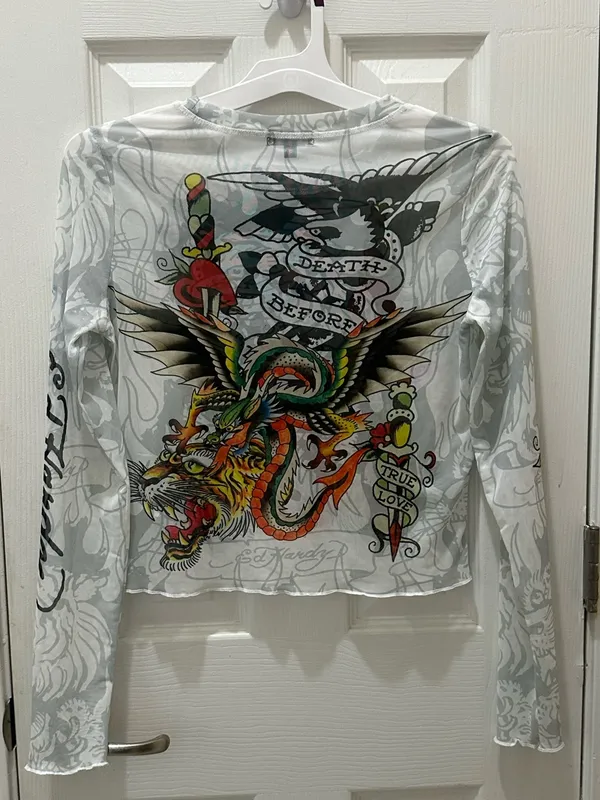Ed Hardy Dragon Dagger white mesh long sleeve crop top Large Y2K - Image 12