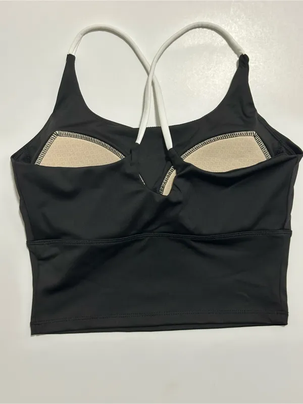 Women's Black Cropped Tank Bralette with White Straps - Image 2