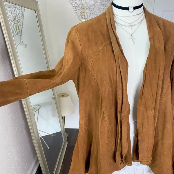 Coldwater Creek Vintage Brown Suede Open Front Flowy Leather Jacket S - Image 3