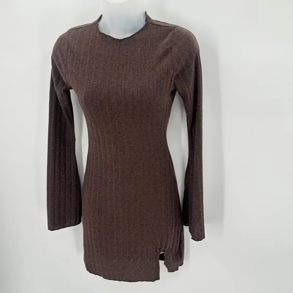 Windsor Dress Juniors XS Brown Rib Knit Casual Chills Long Bell Sleeve Mini Slit - Image 2