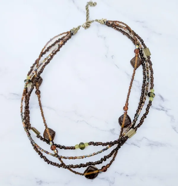 Vintage Necklace Multi Strand Glass? Amber Tone Brown Green Statement - Image 2