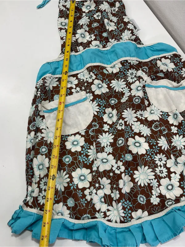 Vtg Retro Style Kitchen Apron Blue Brown Pockets Floral Print Ruffles Coquette - Image 2