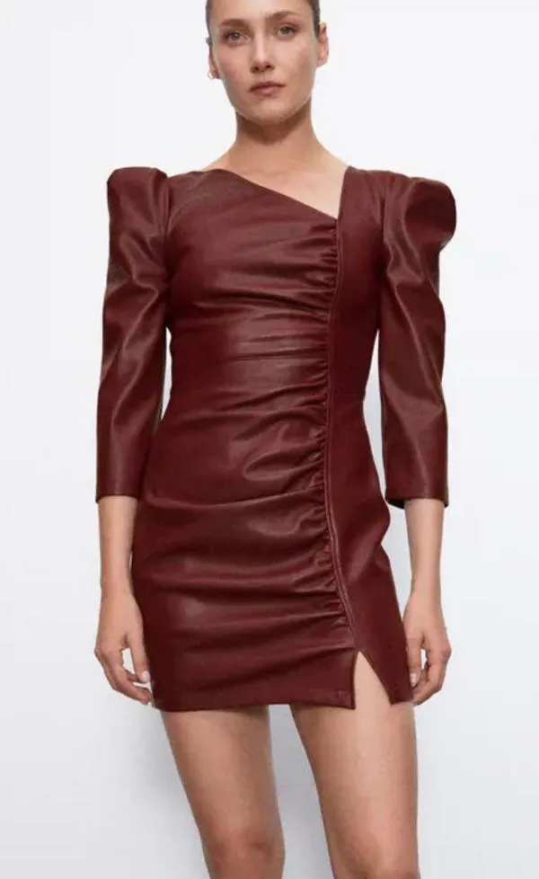 ZARA NWT Faux Leather Maroon Asymmetric Mini Dress - Image 2