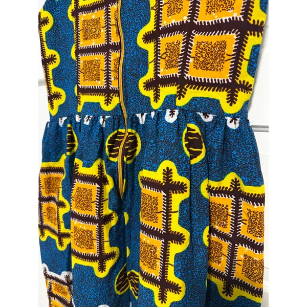 African Wax Print Fit and Flare Dress Blue Yellow Geometric Square Neck - Image 10