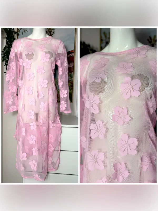 Women's Pink Floral Lace Fishnet Mesh Sheer Long Sleeve Midi Dress Cover Up M/L - Image 2