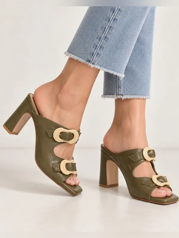 Ana Palma Olive Green Leather Ivory Buckle Block Heel Mules Made in Spain - Image 10