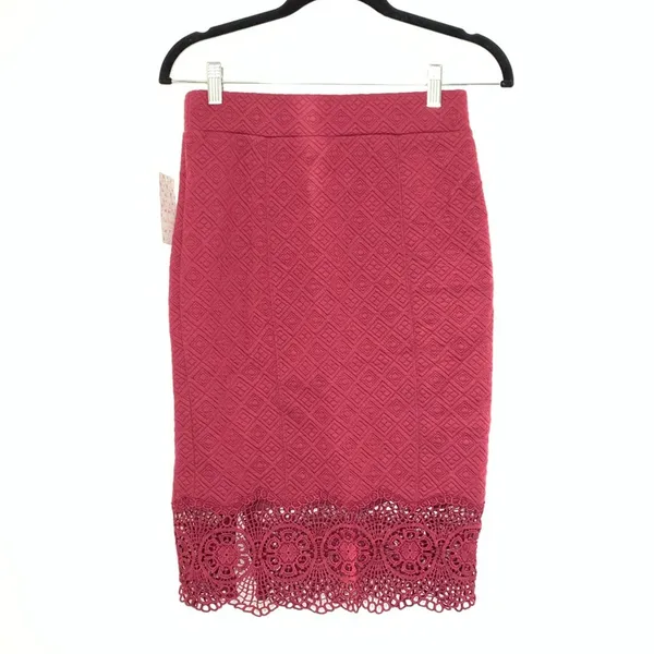 FREE PEOPLE Storyteller Crochet Lace Trim Quilted Pencil Skirt Burgundy Size XS - Image 3
