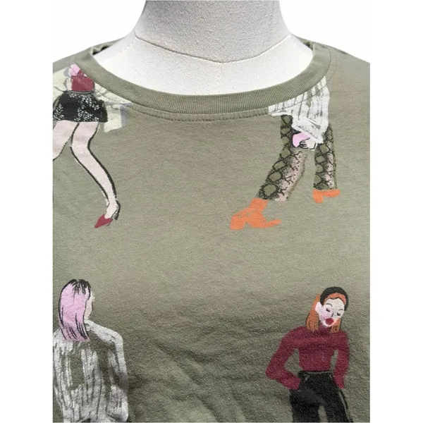 Zara Graphic Cropped T-Shirt Women’s S Olive Green Fashion Illustration Artsy - Image 3