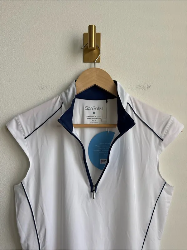 SanSoleil Women's UPF 50+ Quarter Zip Sleeveless Golf Top White Navy M - Image 4