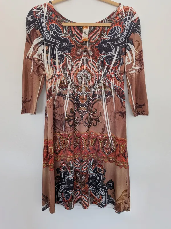 Paisley Rhinestone Embellished Boho Mini Dress Long Sleeve S - Image 4