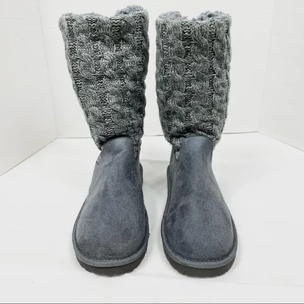 Muk Luks Cozy Grey Cable Knit & Faux Suede Sherpa Boots - Image 4