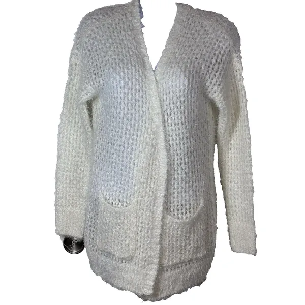 Mudd Fluffy Eyelash Knit Cardigan XS Cream Cozy Soft Girl Open Front Cottagecore - Image 10