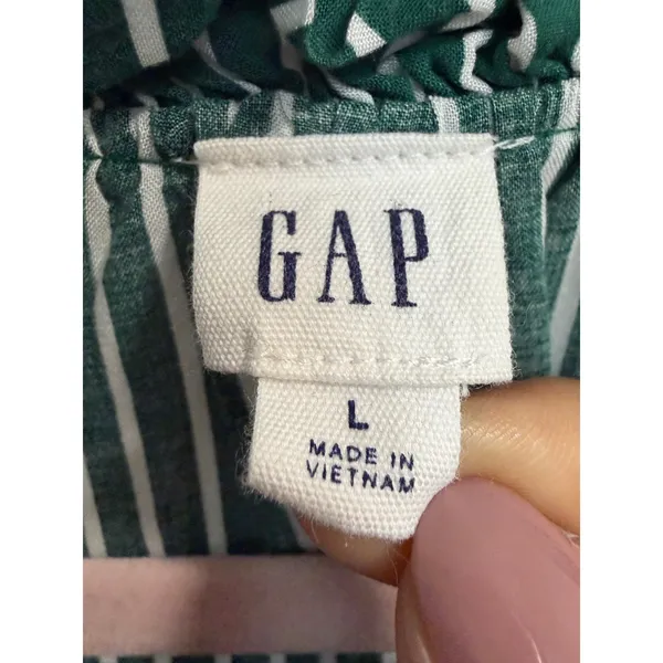 GAP Womens Green White Vertical Striped Ruffle Neck Long‎ Sleeve Blouse Size L - Image 5